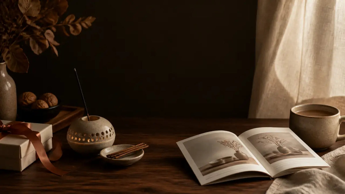 Warm incense journal and ritual guide scene