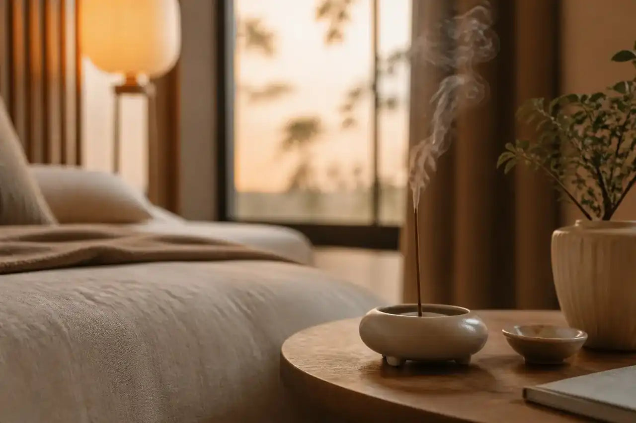 Warm evening home with incense smoke and sculptural ritual object