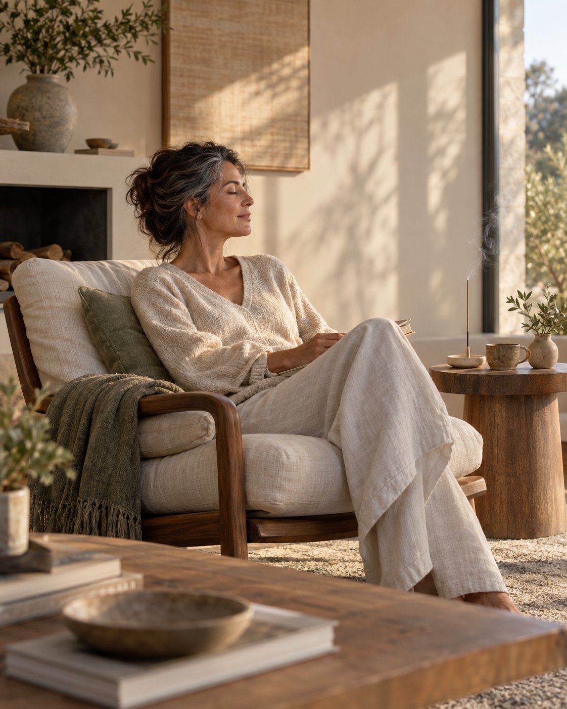 A woman relaxing beside a subtle home incense ritual