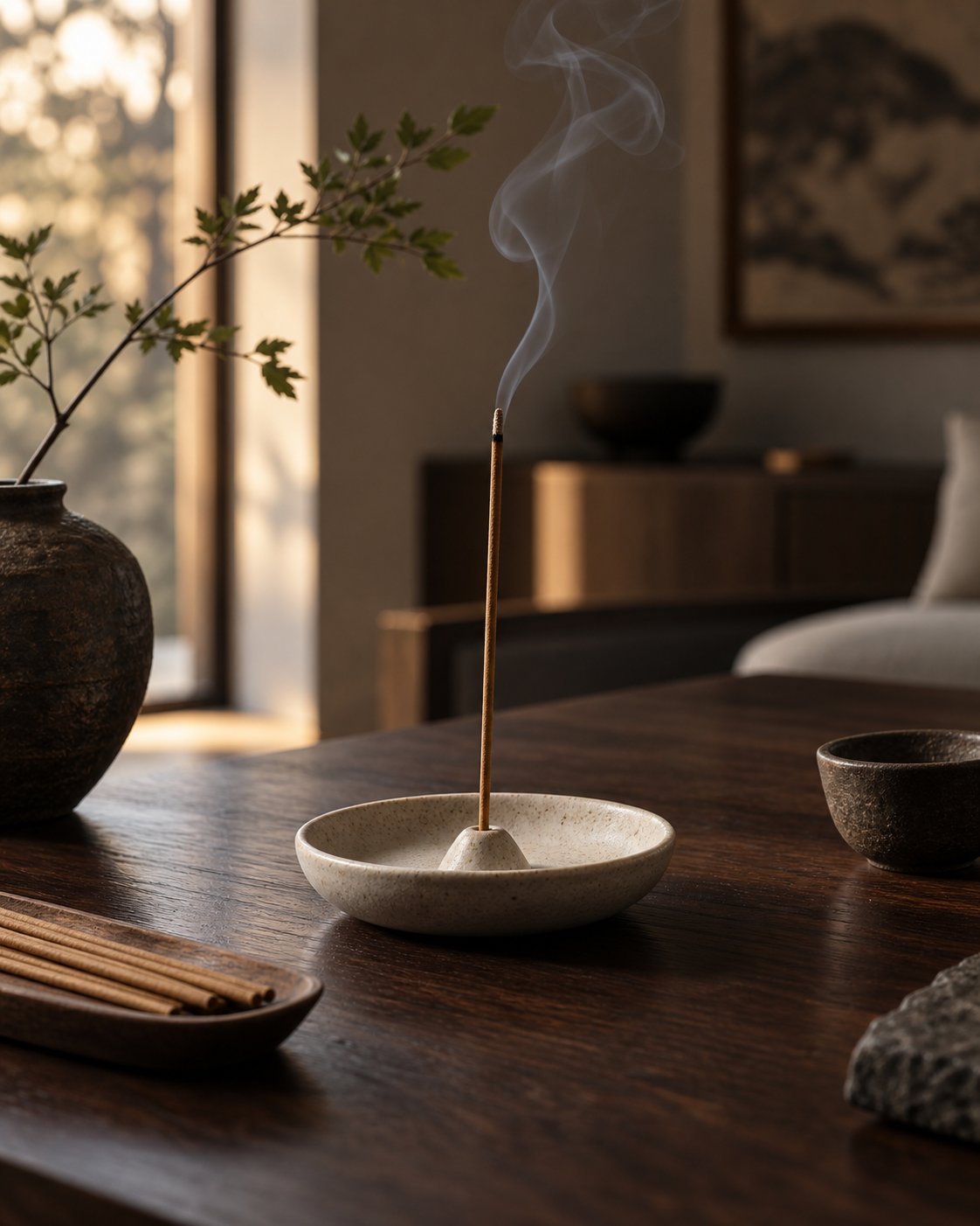 Natural incense on a walnut ritual table