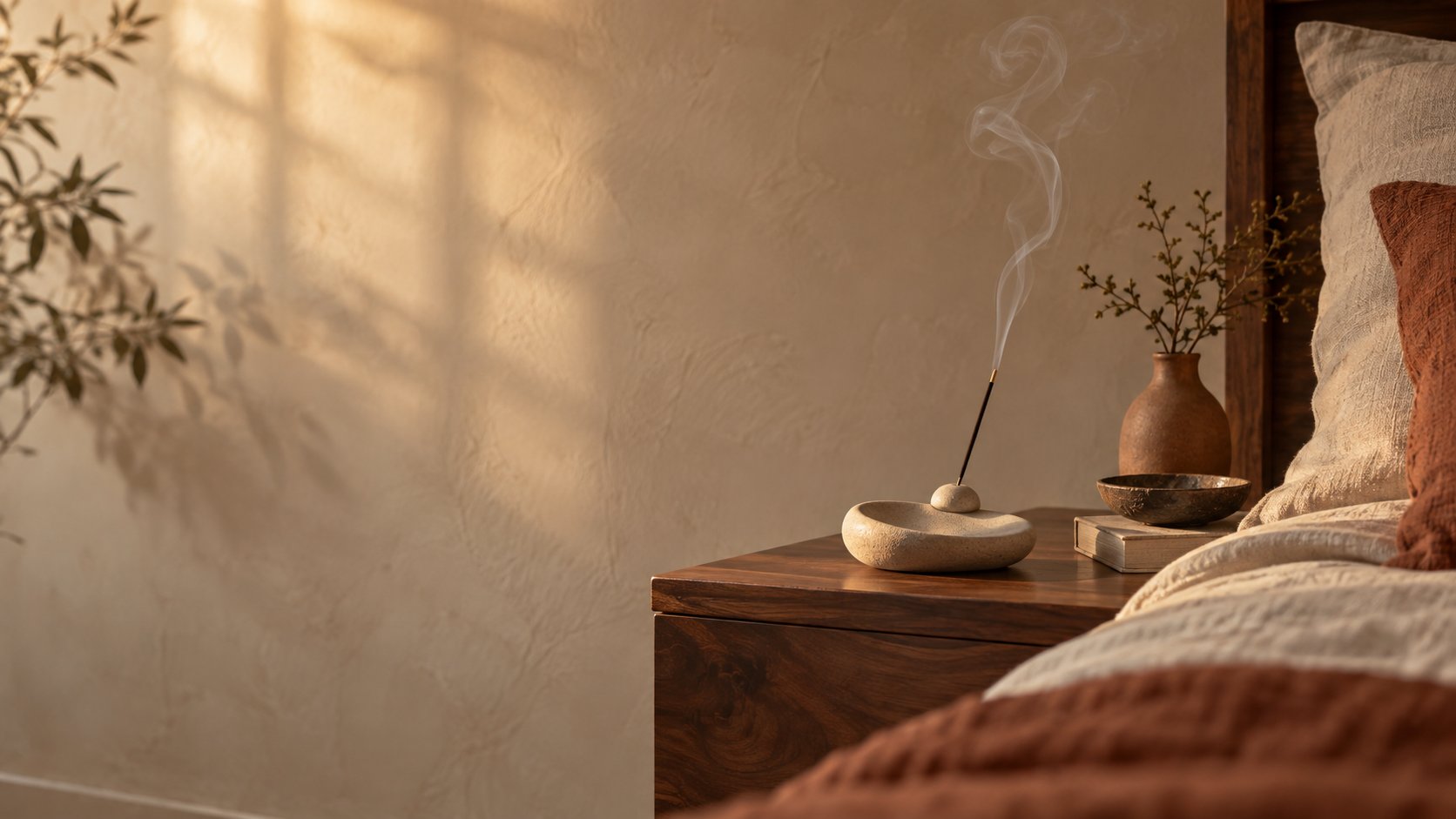 A serene incense ritual on a warm wood bedside table